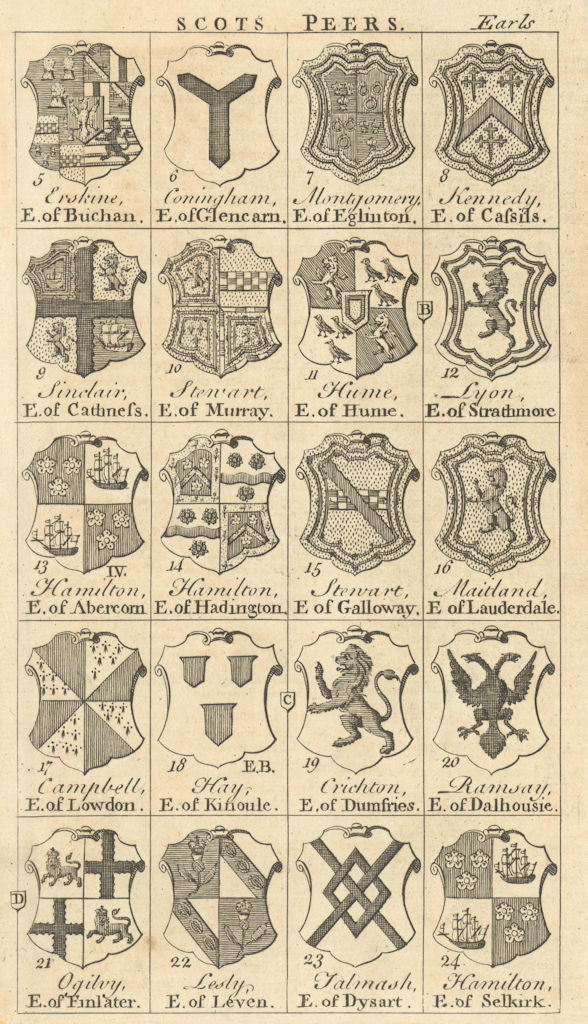 Scottish peerage arms Earls Buchan Glencarn Cassils Catness Murray Dysart 1749